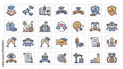 Alumni Relations and University Graduation Icon Set in Line Style. A collection of linear icons including alumni ribbon, diploma, campus building, donation, event, and more. Editable stroke.