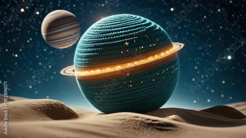 Futuristic ringed planet on alien desert landscape, sci fi space background