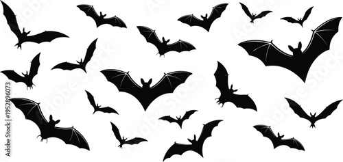 Bat silhouette collection, flying vampire bats isolated on white background, halloween wildlife spooky flat vector illustration set