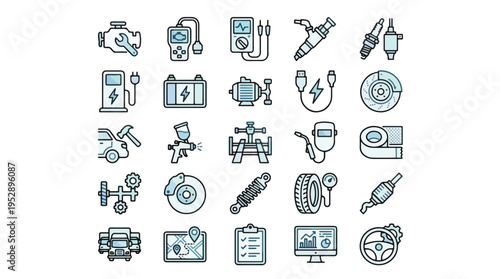 Auto Repair and Car Maintenance Icons in Line Style. A collection of linear icons, including engine, battery, brake, suspension, tire, welding, exhaust, paint, and more. Editable Stroke.