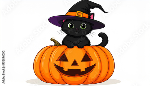 A cute black kitten wearing a witch hat sitting inside a carved orange halloween jack o lantern Vector