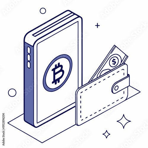 A blue line drawing of a bitcoin wallet and cash