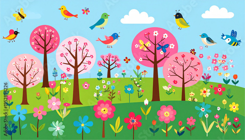 A vibrant spring landscape featuring blooming pink cherry blossom trees and colorful singing birds Vector