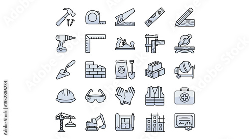 Construction Tools Set in linear style. A collection of building equipment linear icons, including hammer, drill, crane, excavator, helmet, safety vest, level, saw