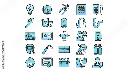 Maintenance Service Icon Set in Linear Style. A collection of Home Repair Icons, including plumbing, electrical, HVAC, welding, tools, circuit breaker, wrench, faucet, and more. Vector EPS.
