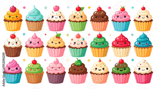A collection of colorful kawaii cupcakes featuring smiling faces and various decorative toppings Vector