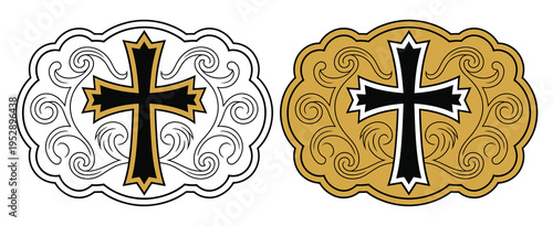 cross crucifix star badge rodeo cowboy label belt buckle wild west cowboy style tag stylized western decorative floral frame vector design,detailed ornamental badge for apparel prints and logos.