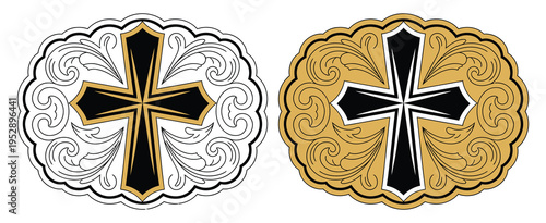 cross crucifix star badge rodeo cowboy label belt buckle wild west cowboy style tag stylized western decorative floral frame vector design,detailed ornamental badge for apparel prints and logos.