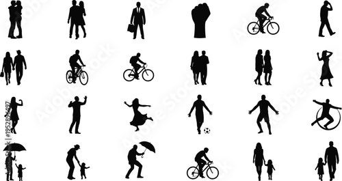 Collection of people silhouettes in daily activities, family, business, sports and lifestyle poses, black vector set for social, urban, and design use