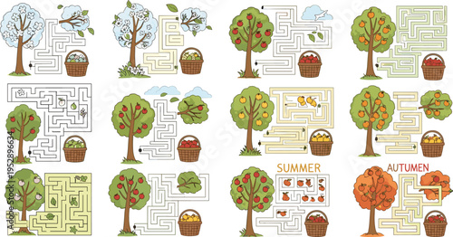 Seasonal Orchard Maze Puzzle Vector Set Featuring Apple and Orange Trees, Summer and Autumn Themes, and Kids Educational Game Activities