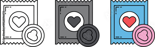 Set of three minimalist condom package icons in black, grayscale, and colorful variations with heart symbol design