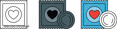Set of three minimalist condom package icons in black, grayscale, and colorful variations with heart symbol design