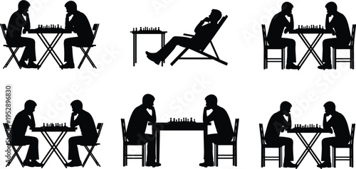 Chess player silhouettes set showing strategic game moments, thinking poses, competition, intellectual activity, and board game gameplay between opponents in minimal black style