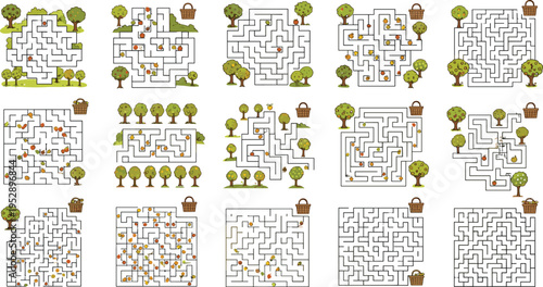 Tree Maze Puzzle Vector Set Featuring Orchard Paths, Baskets, and Multiple Labyrinth Game Designs for Kids Educational Activities