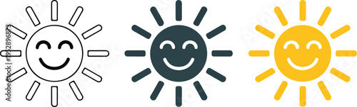 Set of three minimalist sun icons with smiley faces in outline, black, and bright yellow vector illustration