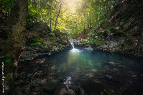 Tableau sur toile Waterfall in Acquerino Nature Reserve, Forest in Tuscan Apennines