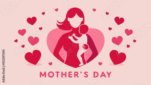 Mother's Day vector illustration with heart symbols and mother holding baby