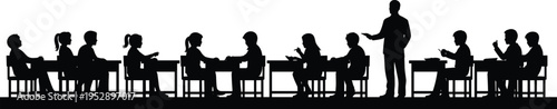 Classroom silhouettes with teacher and students studying at desks, illustrating education environment, learning process,  teaching concept, and academic interaction in minimal black style