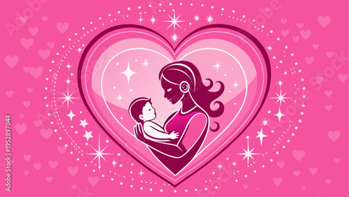 Mother holding baby in pink heart illustration vector