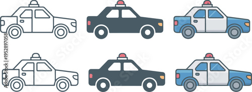 Set of six police car illustrations in line art, dark blue, and light blue-white styles arranged in grid