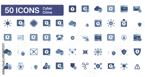 Extensive set of 50 flat vector icons representing cybercrime, data security, and online threat concepts.