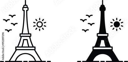 Minimalist Eiffel Tower illustration in line art and solid silhouette styles with sun and birds vector design