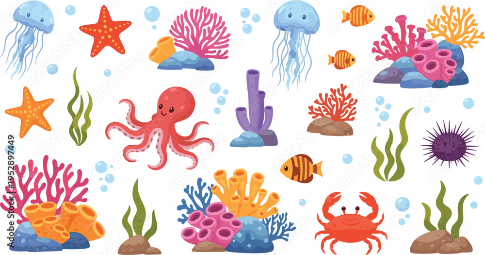 Obraz premium Colorful Coral Reef Vector Set Featuring Starfish, Jellyfish, Octopus, Crab, Sea Urchin, Fish, and Underwater Ocean Elements Illustration
