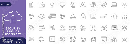 Security Service Icons Set Cyber Protection Data Privacy Network Safety Shield System Monitoring Access Control Technology Collection.
