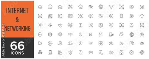 Extensive collection of 66 internet and networking line icons for digital communication and IT infrastructure.