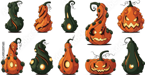 Halloween Pumpkin and Gourd Vector Set Featuring Creepy Jack O Lanterns, Twisted Shapes, and Spooky Decorative Autumn Elements