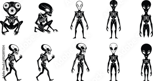 Set of alien creature silhouettes with skeletal anatomy, black and white sci fi character collection for fantasy design, horror themes, and illustration