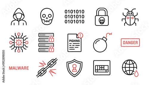 Essential vector icons representing malware, cyber threats, and digital dangers for online security concepts.