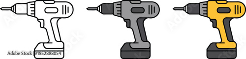 Set of three cordless power drill illustrations in line art, gray-black, and yellow-black minimalist vector tool design