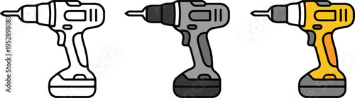 Set of three cordless power drill illustrations in line art, gray-black, and yellow-black minimalist vector tool design