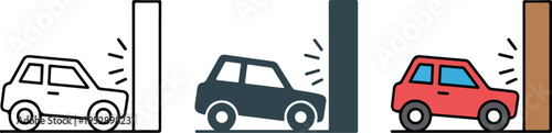 Set of three minimalist car collision illustrations showing side and frontal impacts in line, gray, and red styles