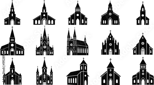 Set of church building silhouettes with crosses and towers, black and white vector collection for religion, architecture, and spiritual design