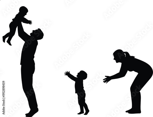 Family silhouette scene with parents and toddler playing together, father lifting baby and mother reaching child, happy parenting and childhood moments isolated in black