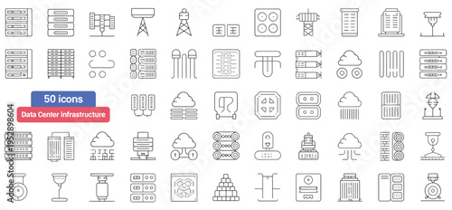 Comprehensive vector line icons depicting data center infrastructure, server racks, and cloud technology.