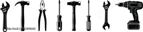 Hand tools silhouette collection featuring wrench, hammer, pliers, screwdrivers and cordless drill isolated on white background, construction equipment vector set for repair and maintenance