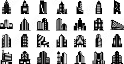 Collection of black and white city buildings and skyscrapers