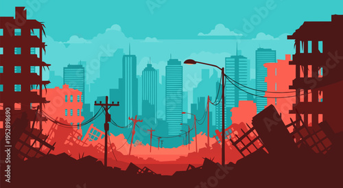 Post-Apocalyptic Cityscape Vector Illustration Ruined Buildings and Dilapidated Skyline Under a Dusty Sky