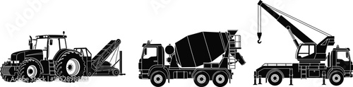 Heavy construction vehicles silhouette set featuring tractor with conveyor, concrete mixer truck and mobile crane isolated on white background industrial machinery vector illustration