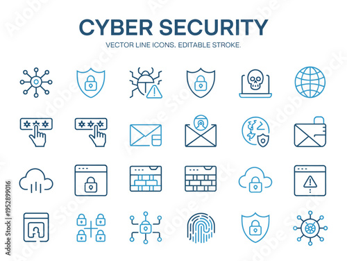 Cyber security vector line icons representing digital protection and online safety measures