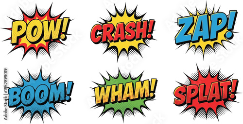 Colorful comic sound effect words in bold letters with starburst backgrounds