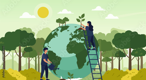 Environmental conservation vector illustration of people planting trees on the planet earth, promoting eco-friendly living and sustainable future concept