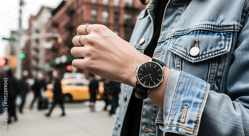 stylish watch on fashion model wrist, street style photography
