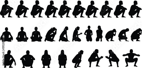 Human squat and sitting silhouettes set showing various body positions, posture variations, exercise movements, daily activities, and flexibility poses isolated in minimal black style