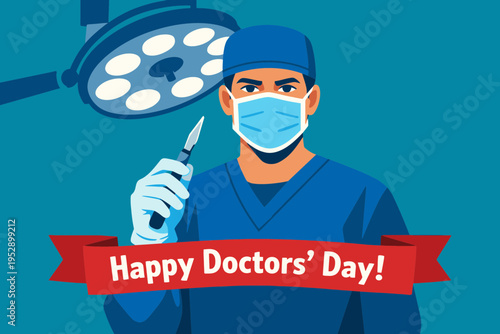 Surgeon in Scrubs and Mask Holding Scalpel on National Doctors' Day
