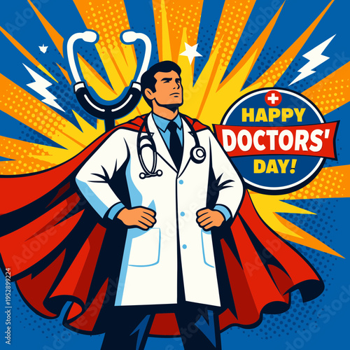 Doctors' Day Hero Illustration – Superhero Cape on Doctor with Stethoscope