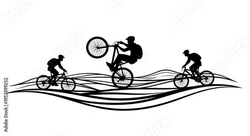 Three silhouetted mountain bikers riding over abstract stylized wavy terrain lines in a group